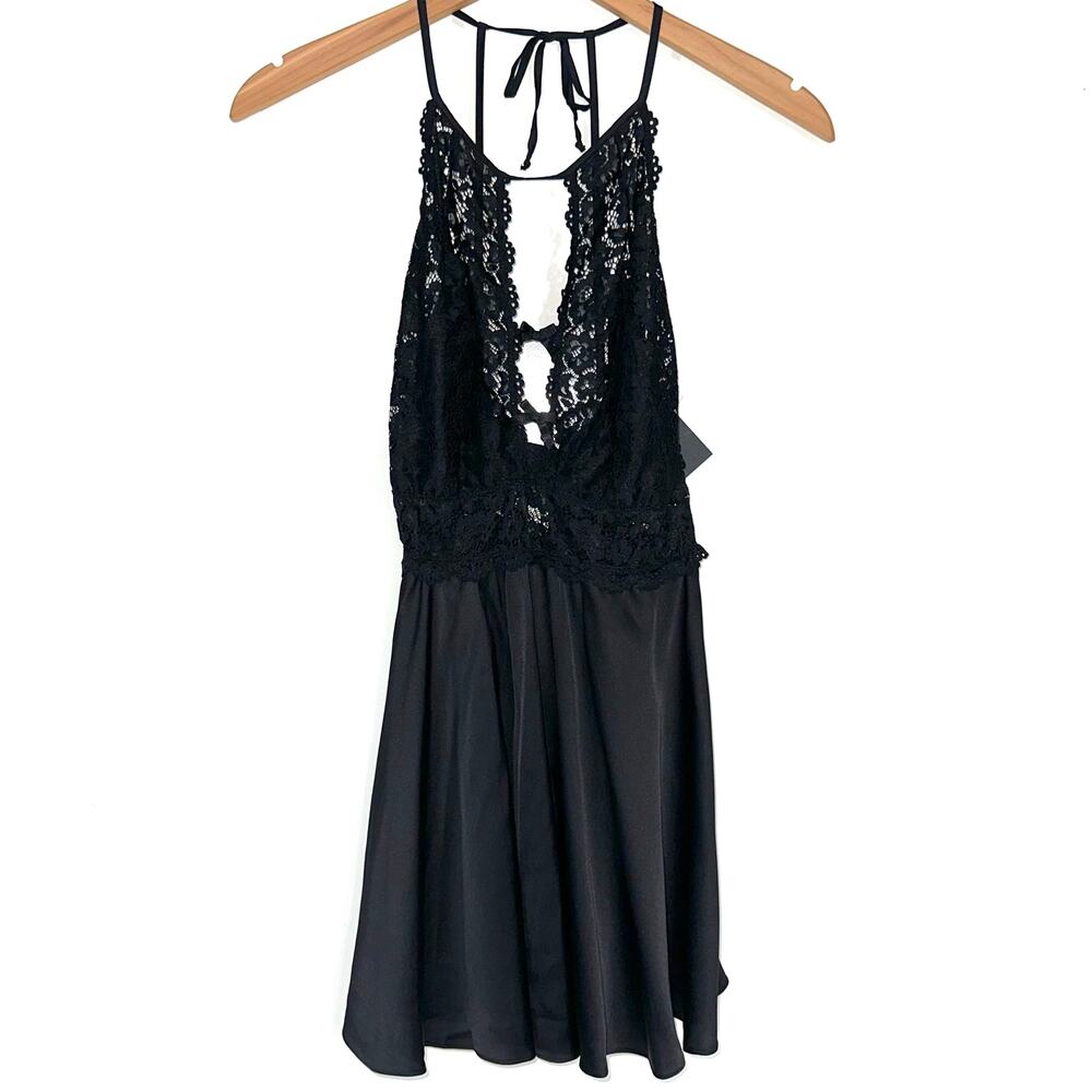 NWT SeductiveWear by Cinema Etoile Black Lace & Satin Babydoll Thong Set Size M